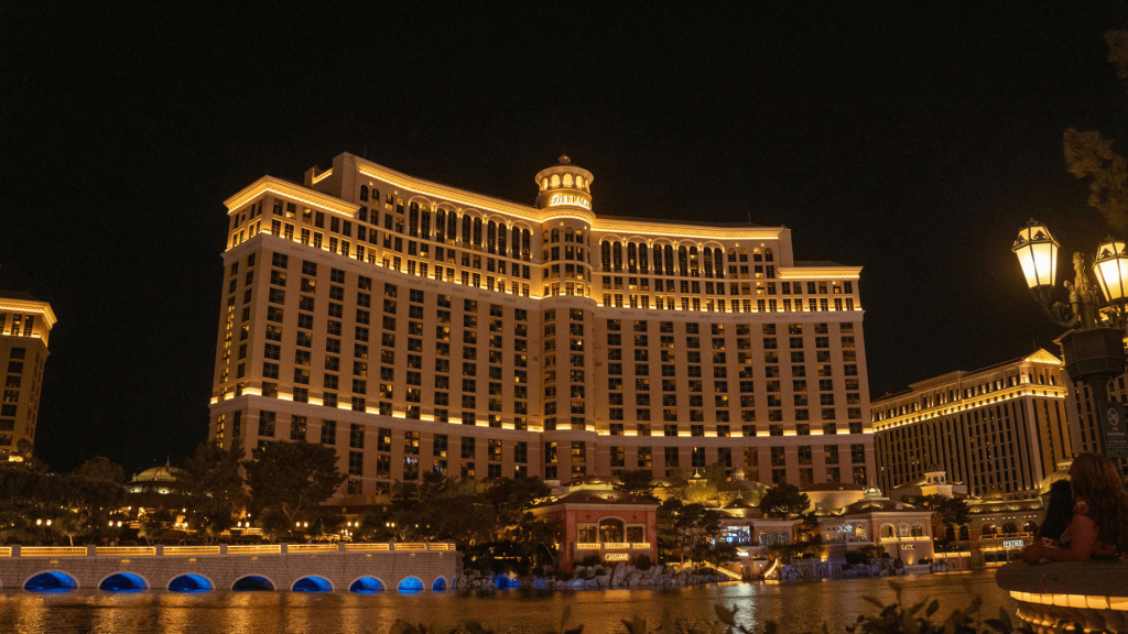 Illuminated Bellagio Hotel at Night in Las Vegas